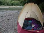 Our tent, and the accompanying rodent, Socks